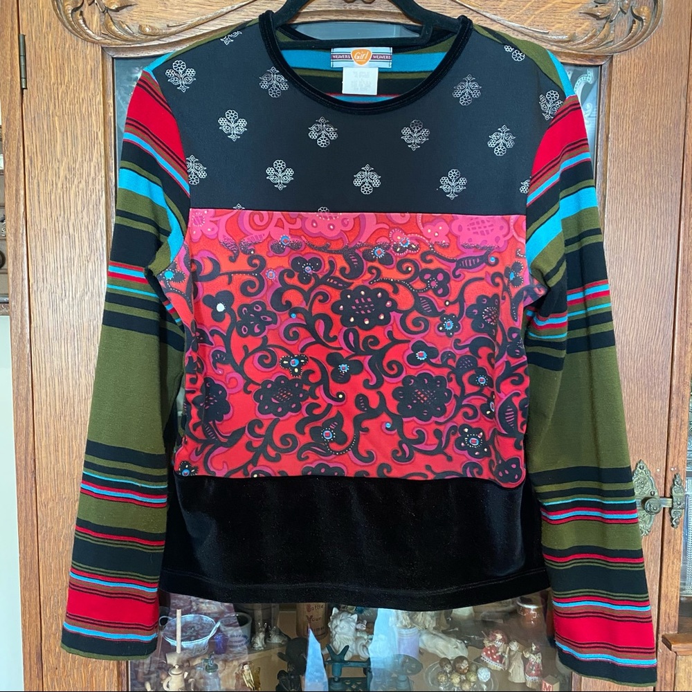 Vintage 90s Long Sleeve Floral and Stripped Top w/ Velvet